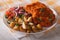 Delicious schnitzel, potatoes and vegetable salad closeup. horiz