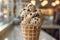 Delicious Scoops of Vanilla Chocolate Chip Ice Cream in Waffle Cone with Blurred Cafe Background