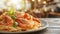 Delicious seafood pasta dish on blurry restaurant background with space for text