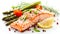 Delicious seasonal green asparagus and sliced smoked salmon on a rustic plate. Ai Generative