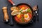 Delicious shakshuka breakfast in a pan