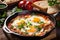 Delicious Shakshuka with Melted Feta Cheese and Fresh Herbs