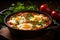 Delicious shakshuka with tomatoes in frying pen with greens closeup studio shot