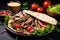 Delicious shawarma gyros in pita - appetizing middle eastern fast food with space for text