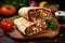 Delicious shawarma served on wooden board on table in cafe. Grilled pita wrapping chicken meat and fresh vegetables with sauce