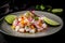 Delicious shrimp ceviche with vegetables, spices and lime