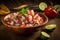 Delicious shrimp ceviche with vegetables, spices, onions and lime