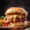 Delicious sloppy Joe ground beef burger with melting cheese and tomato sauce on wooden board. American cuisine fast food