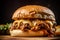 Delicious sloppy Joe ground beef burger with melting cheese and tomato sauce on wooden board. American cuisine fast food concept