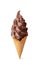 Delicious soft serve chocolate ice cream in crispy cone isolated on white