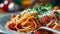 Delicious spaghetti with Marinara parmesan herbs and herbs on a fork. Close up shot visible texture. Traditional Italian cuisine