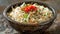 Delicious Spicy Asian Style Steamed Rice Garnished with Red Peppers and Green Onions in Stone Bowl