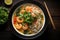 Delicious spicy noodle soup with shrimps, top view