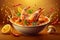 Delicious Spicy Shrimp Soup in Bowl with Lemon, Herbs, and Mushrooms on a Warm Golden Background with Dynamic Splashes