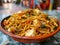 Delicious Spicy Stir Fried Udon Noodles with Vegetables, Seafood, and Tofu on a Serving Plate