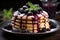 Delicious stack pancakes with berry fruit blueberry strawberry jam dessert