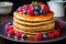 A delicious stack of pancakes covered with vibrant berries and drizzled with sweet syrup., A stack of fluffy pancakes loaded with