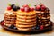 Delicious stacked pancakes with fresh raspberries and blueberries and maple syrup and chocolate on a plate