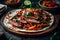 Delicious steak fajitas with grilled peppers and onions a light background, generative AI