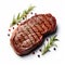 Delicious Steak With Spices And Herbs On White Background