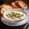 A delicious steaming bowl of creamy clam chowder.