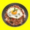 Delicious stir-fried basil with crispy pork and fried egg on rice. Generated by AI