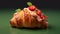 Delicious Strawberry Croissant With Cream And Mint On Green Background