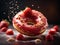 Delicious strawberry doughnut, floating in the air, filled with cherry jelly and topped with glaze, Cinematic ads photography