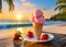 A delicious strawberry ice cream cone on a table on a tropical beach at sunrise or sunset.