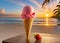 A delicious strawberry ice cream cone on a table on a tropical beach at sunrise or sunset.