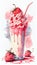Delicious Strawberry Milkshake Ice Cream in Glass with Dry Fruits and Cherries Watercolor Painting AI Generative