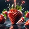 A delicious strawberry is a ripe, juicy berry that is sweet and tart at the same time. Floating in the air, cinematic