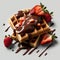 Delicious Strawberry-Topped Chocolate and Maple Syrup Waffles for Breakfast. Generative AI