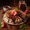 Delicious Strawberry-Topped Chocolate and Maple Syrup Waffles for Breakfast. Generative AI