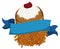 Delicious sufganiyah and latke behind an empty blue ribbon, Vector illustration