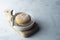 Delicious sugar donuts on a white plate, rustic style