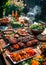 Delicious summer BBQ spread, grilled meats, fresh salads, outdoor table setting, mouthwatering food