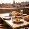 Delicious summer breakfast on amazing rooftop in old european city. Created with generative Ai