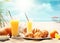 Delicious summer breakfast on amazing tropical beach. Created with generative Ai