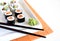 Delicious sushi rolls on white plate with chopsticks