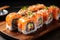 Delicious sushi rolls on wooden board, closeup. Japanese food, A close up of sushi rolls with chopsticks on a wooden table, AI