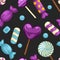 Delicious sweet candies in bright covers and lollipops in shape of cute hearts, striped cane and small teddy in seamless