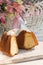 Delicious sweet cottage cheese Easter cupcake on a background Easter basket on a pink background.