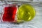 Delicious sweet green and red jelly pudding pineapple and strawberry flavored, chilled green and red jelly dessert, Gelatin