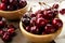 Delicious sweet red cherry fruit wooden bowl