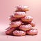 Delicious, sweet, stacked pink donuts with sprinkles isolated over pink background. Ai generated art