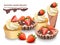 Delicious sweets and desserts with fruits. Chocolate tartlets and vanilla cupcakes. Summer confectionary bakery treats