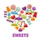 Delicious sweets and lollipops in heart shape poster