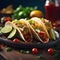 Delicious tacos on a plate. Vegetables on the background.