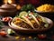 Delicious tacos, tortillas with delicious fillings, including smoky pork, chicken, fish
